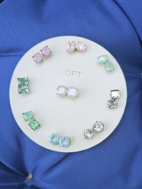 LOFT Pastel Crystal Stud Earring Set - Pink, Mint, Aqua, Light Blue, Clear, Gray